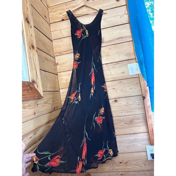 Dresses & Skirts - Vintage Floral Chiffon Reversible Sleeveless Maxi Dress Black Red Orange